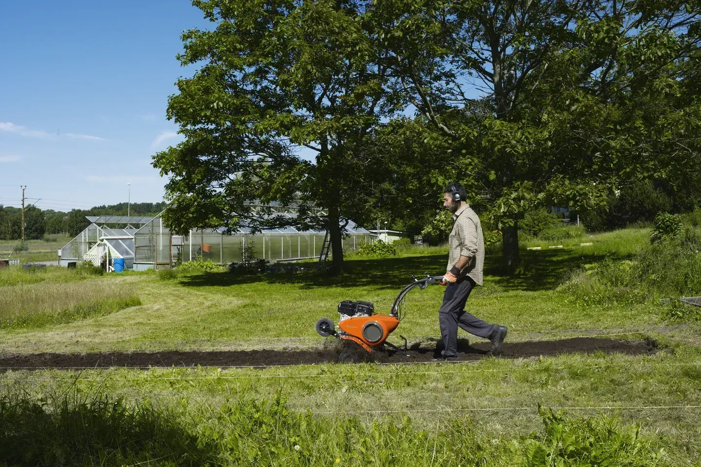 Ohio homeowner using walk-behind tiller in backyard garden